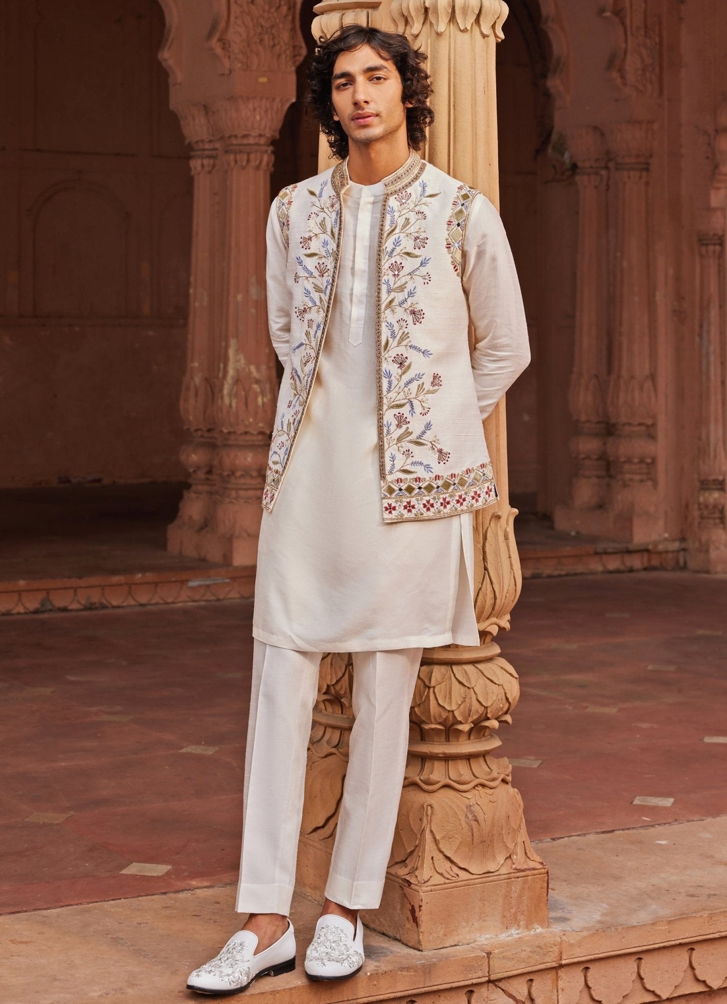 Ivory applique Nehru jacket set — Indo-Western for men for weddings and festive events